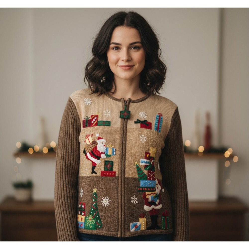 Vtg Tiara International Womens‎ XL Brown Ugly Christmas Sweater Holiday Party